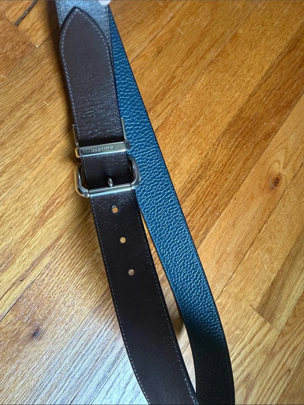 Coach Reversible Leather Belt in Blue and Brown with Nickel Tone Buckle